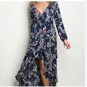 Fashion Leader Women's L Blue Floral Hi Lo Long Sleeve Maxi Dress V-neck Belt